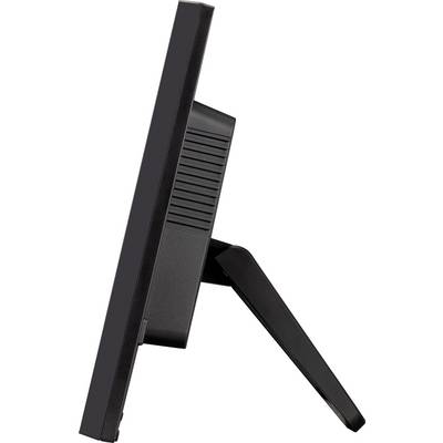 Side view of a black monitor with a stand, showing how the device is positioned on a table.