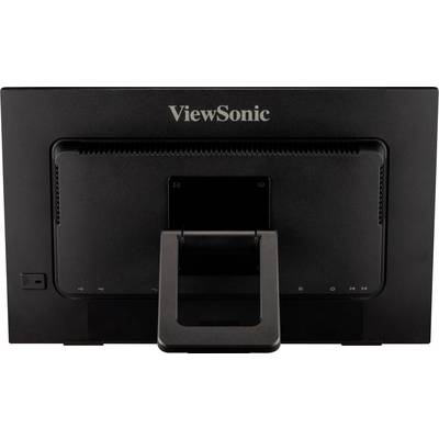 'Back of a ViewSonic monitor, black casing, with adjustable stand and ventilation slots.'