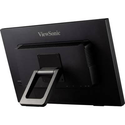 Rear view of a black ViewSonic monitor, showing the stand and ventilation openings at the top of the device.