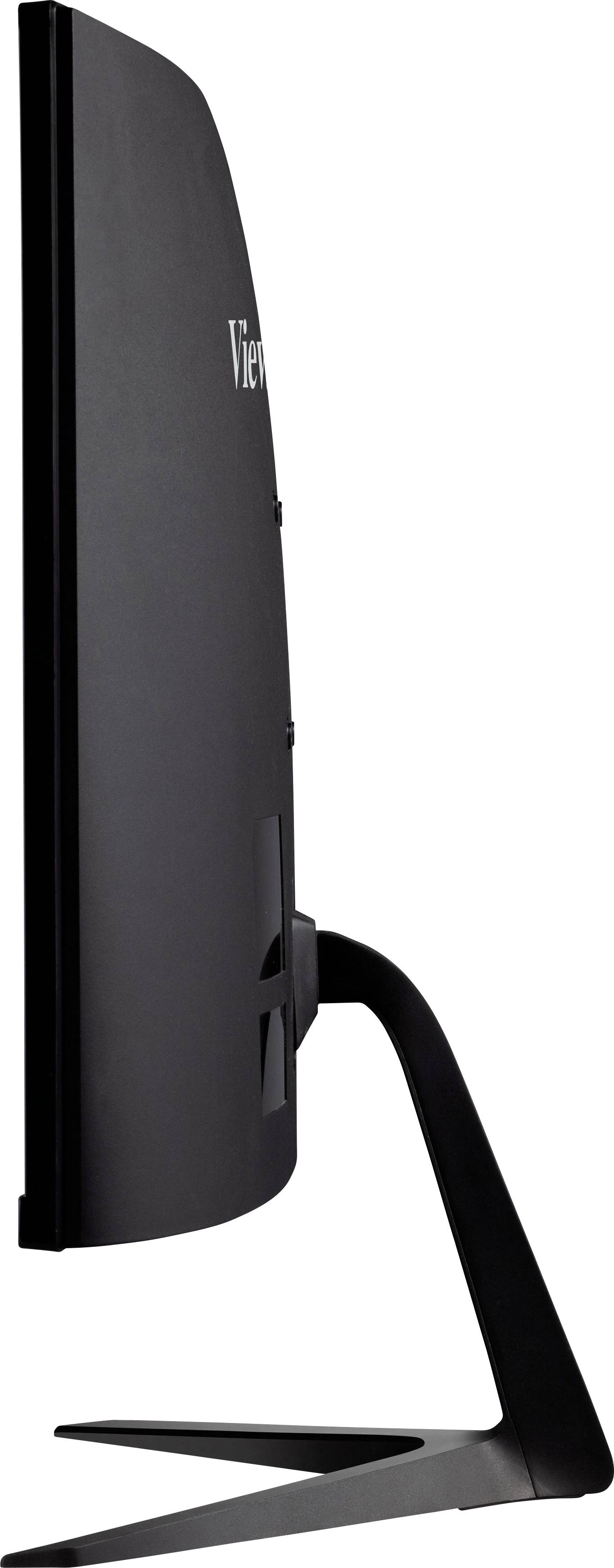 A side profile of a sleek computer monitor with a black stand.