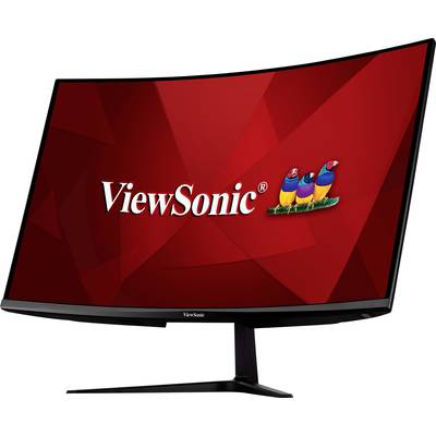 A curved monitor with a red screen, displaying the 'ViewSonic' logo and three colourful birds to the right of the text.