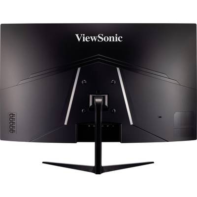 A black ViewSonic monitor shown from behind with a minimalist design and a sturdy stand.