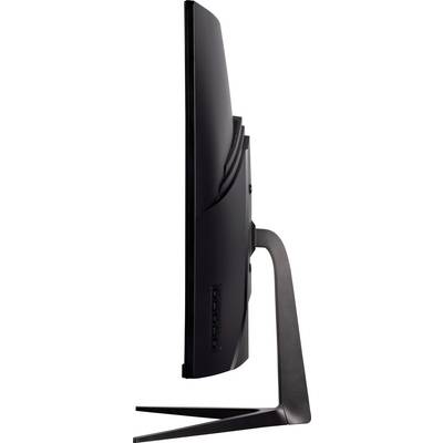 A black computer monitor viewed from the side, standing on a slim stand. The screen is slightly curved.