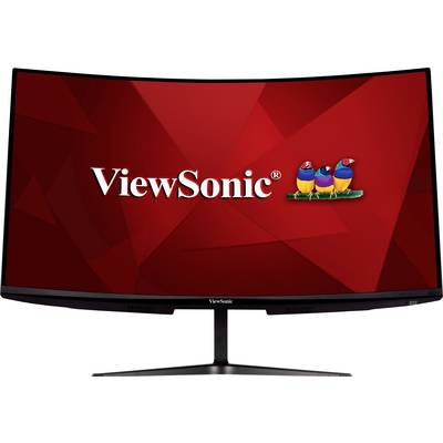 A curved monitor displays the 'ViewSonic' logo and colourful birds on a red, geometric background.