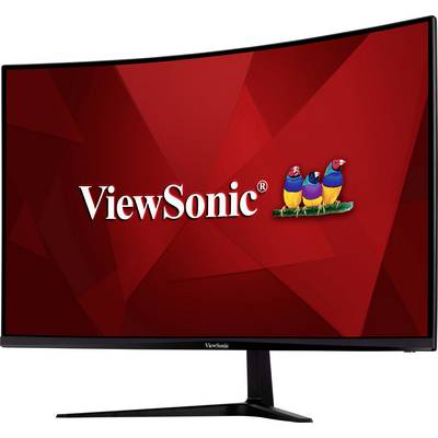 A curved ViewSonic monitor with a red geometric background and a colourful logo featuring three birds.