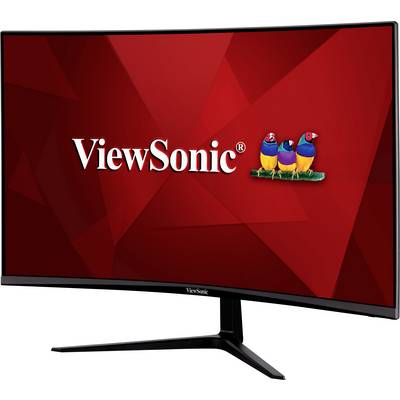 A curved ViewSonic monitor with a red background and three colourful birds next to the 'ViewSonic' logo.