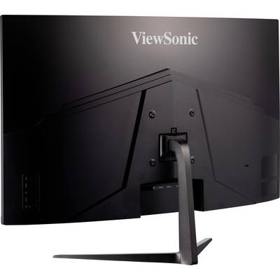 Rear of a black computer monitor with 'ViewSonic' branding and a sturdy stand.
