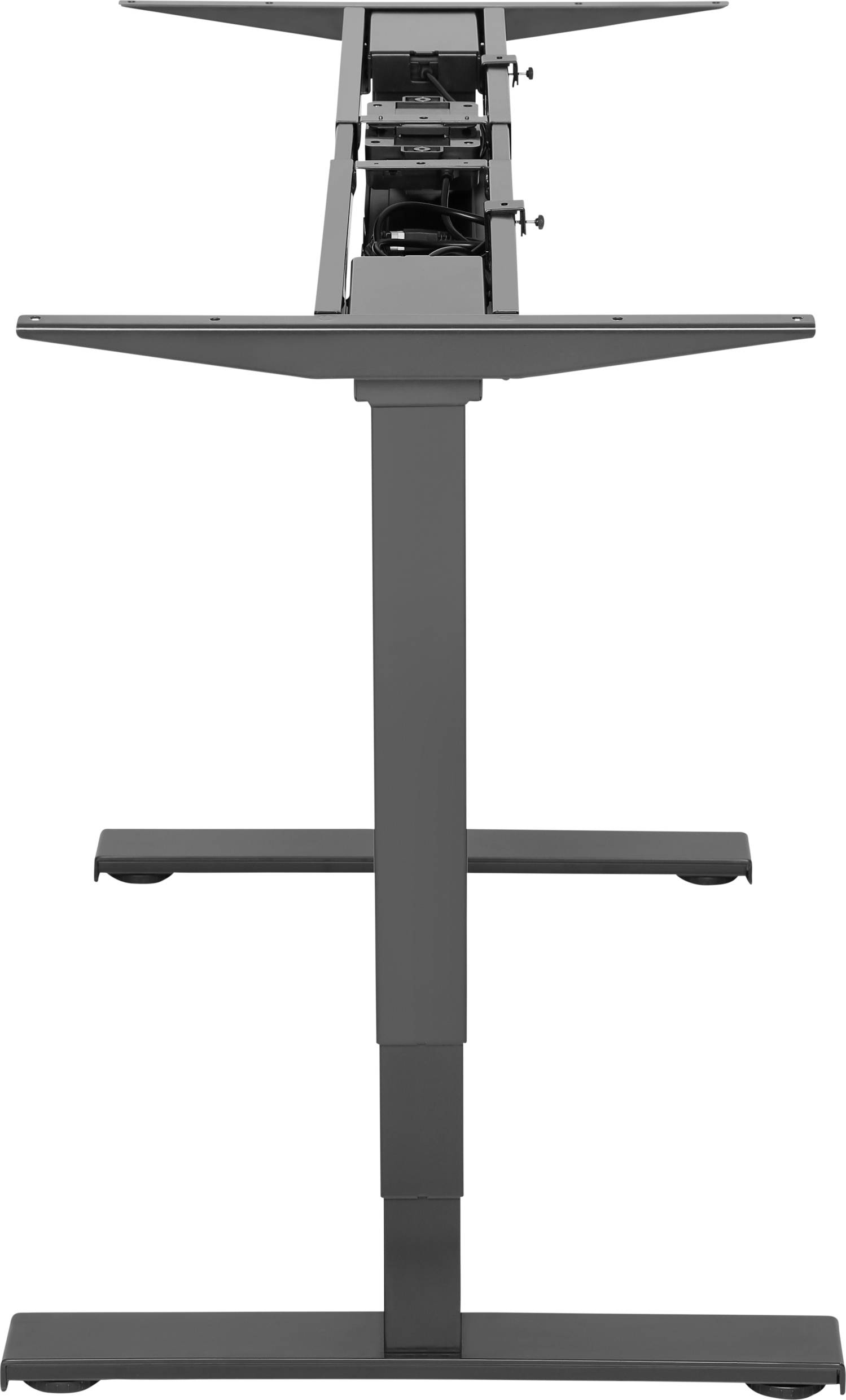 Metal frame for an adjustable-height desk, side view. Shows mechanism and structural support.
