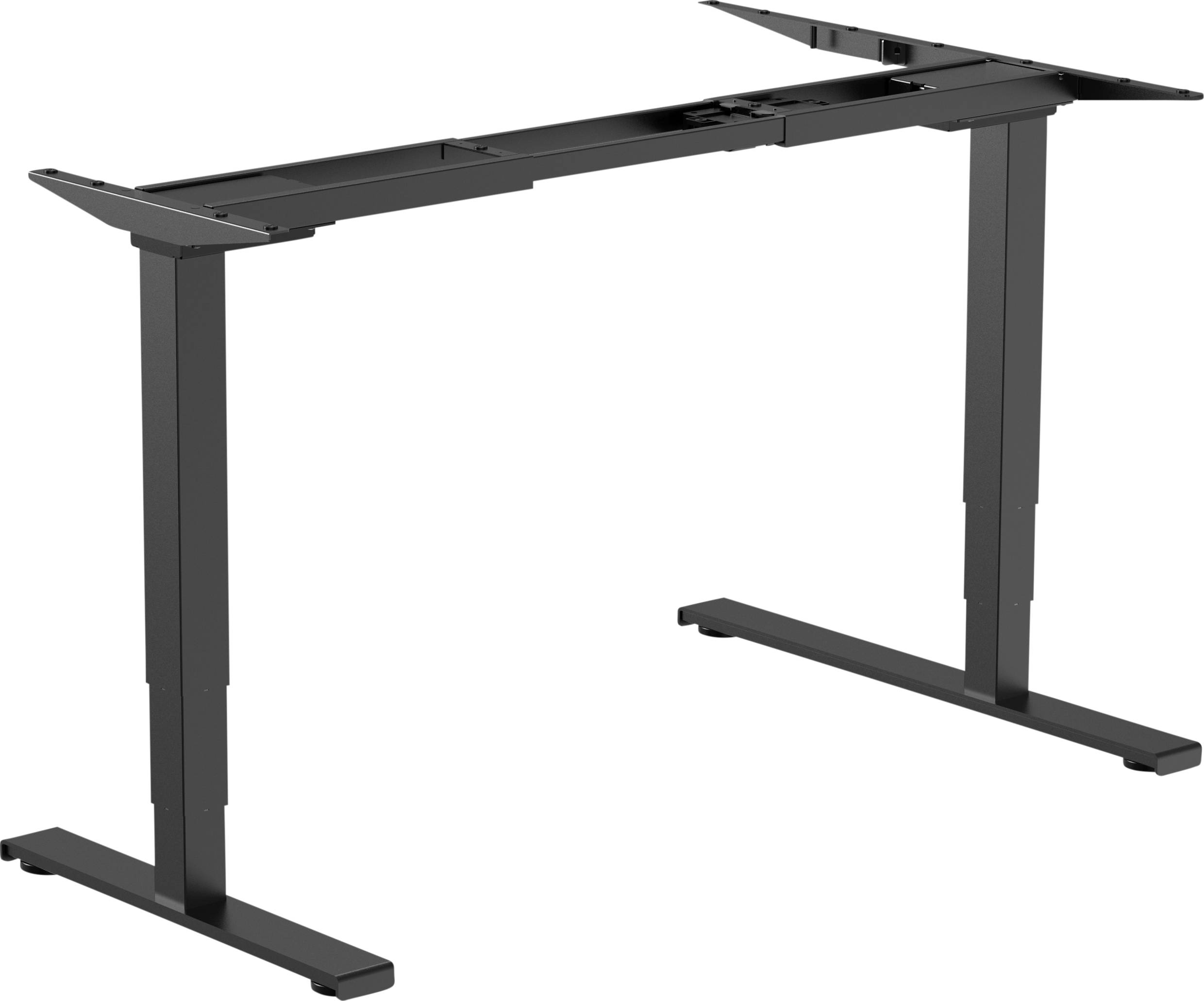 Black height-adjustable desk frame without tabletop, consisting of two wide feet and a frame construction.