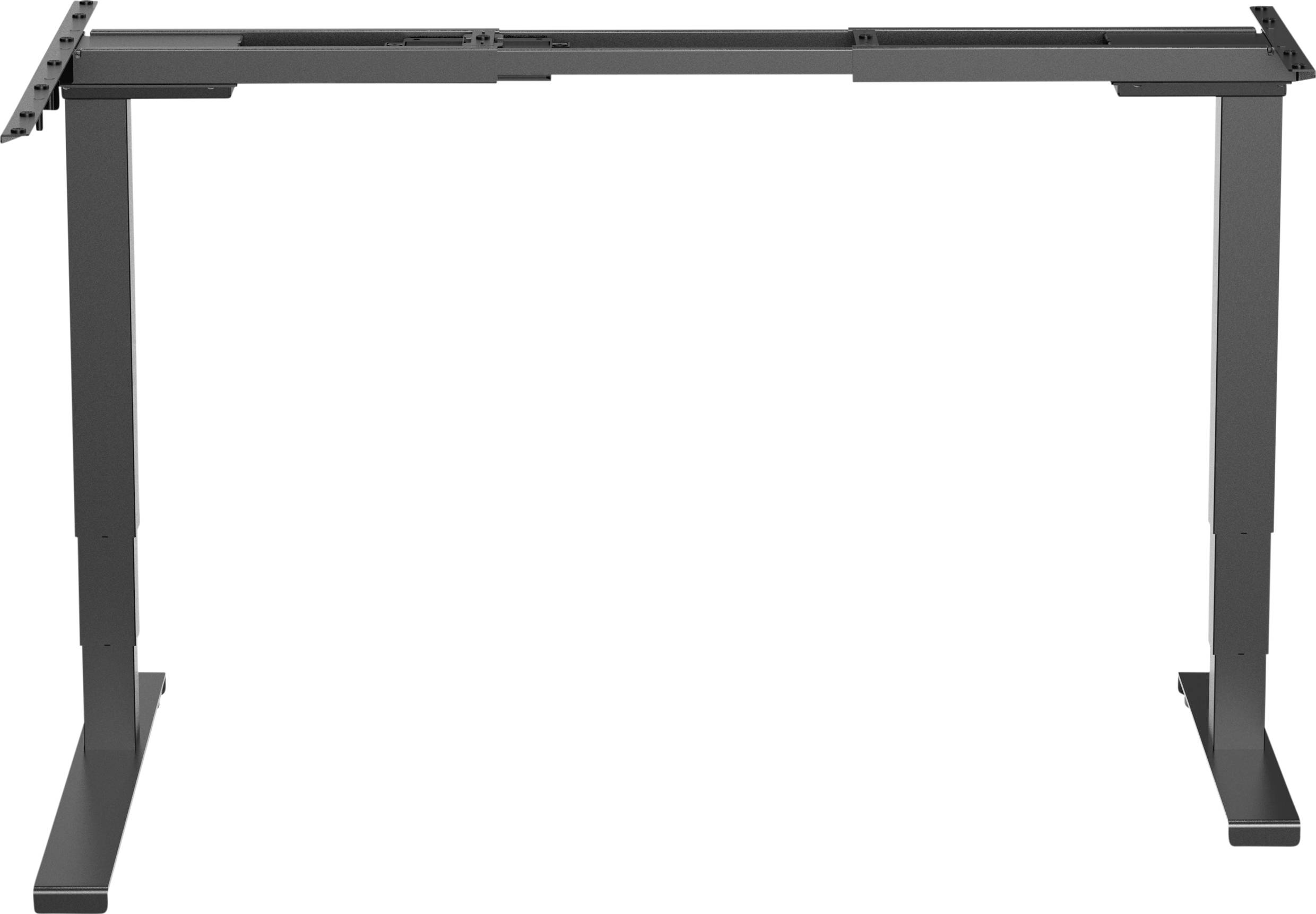 An adjustable desk frame without a tabletop, made of metal, in black. Suitable for individual height adjustment of a desk.