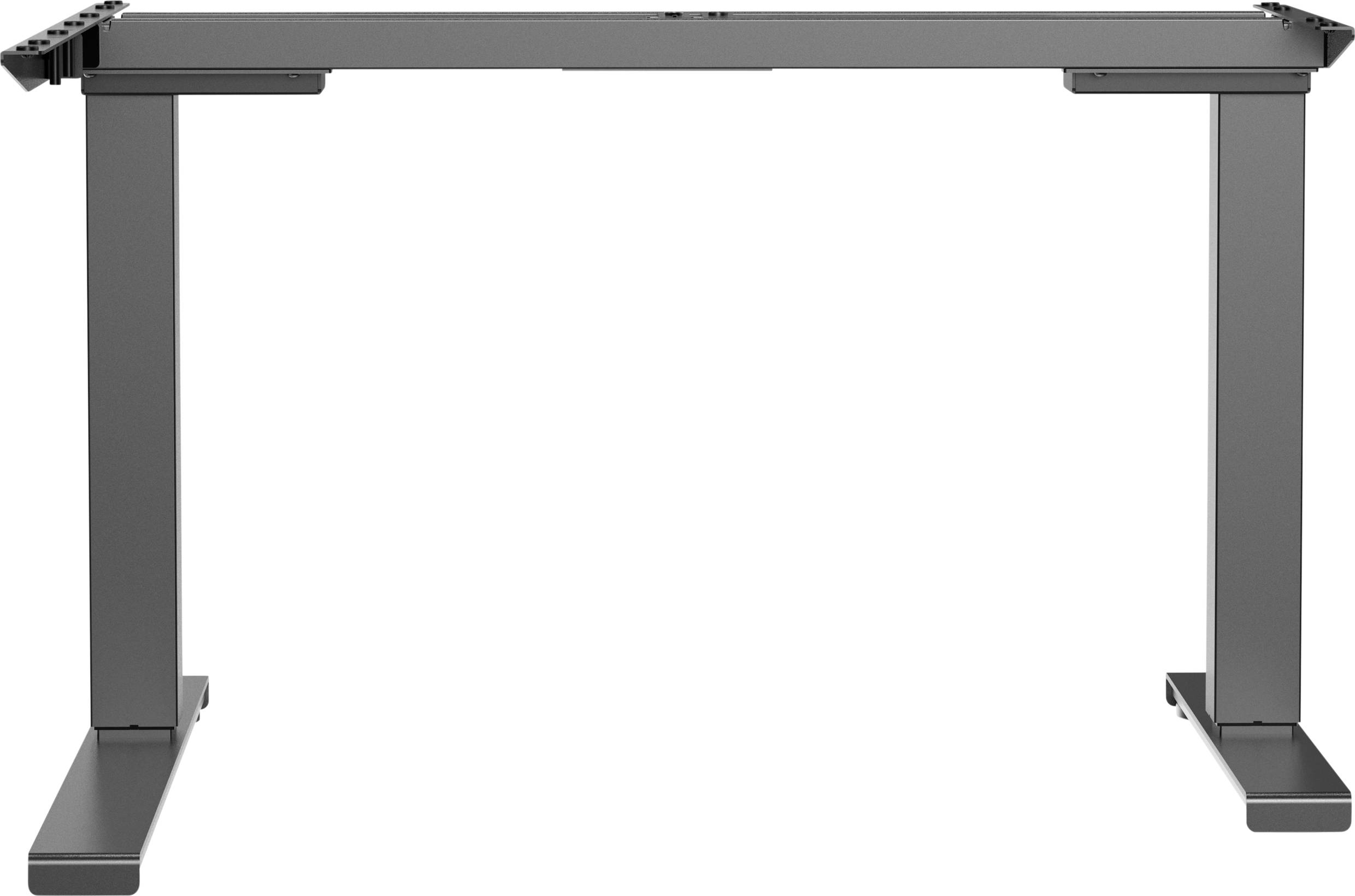 A height-adjustable desk frame, rectangular, made of metal, without a tabletop, suitable for ergonomic working.