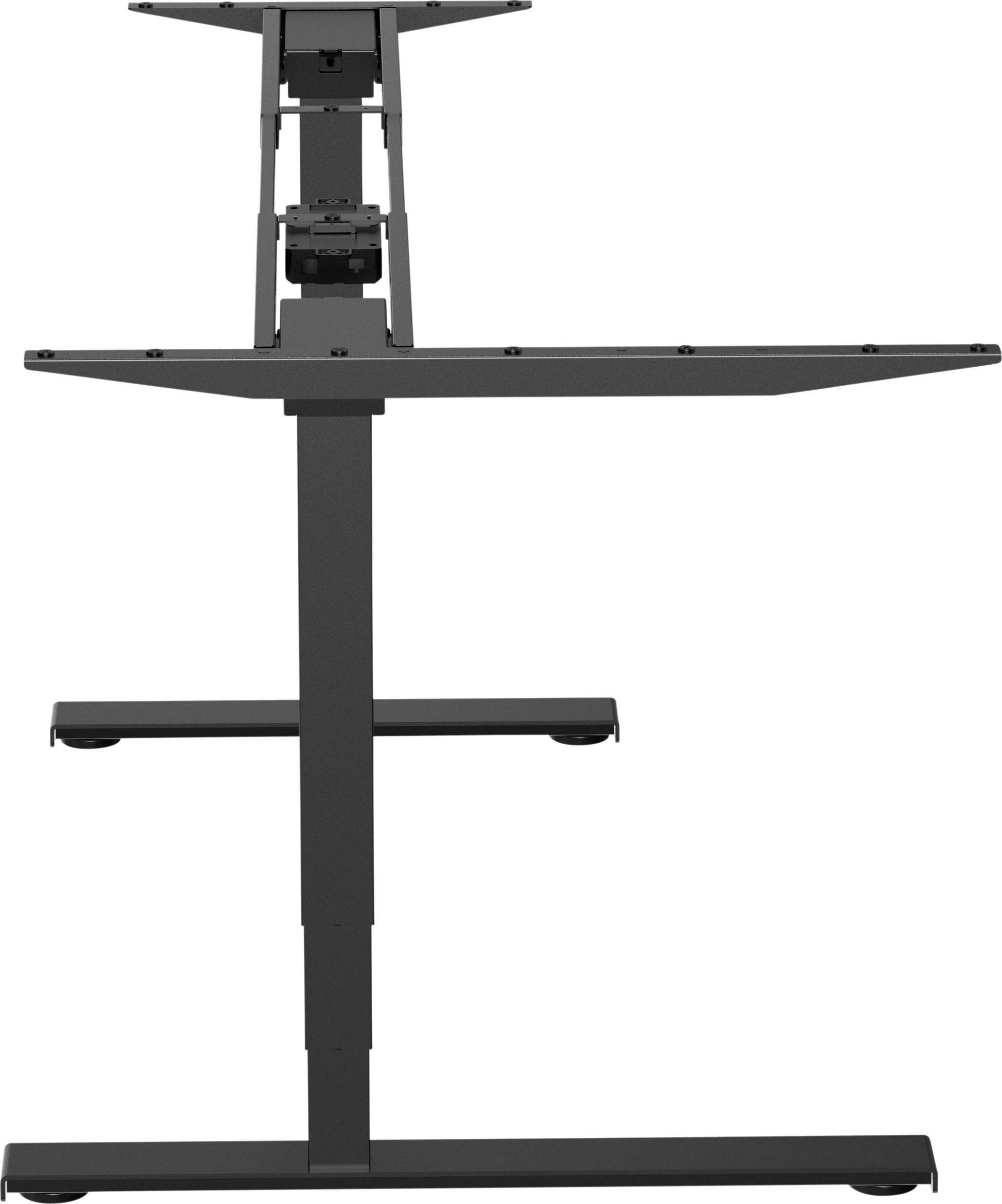 Height-adjustable desk frame, black, with two sturdy legs and platforms for work surface and devices.