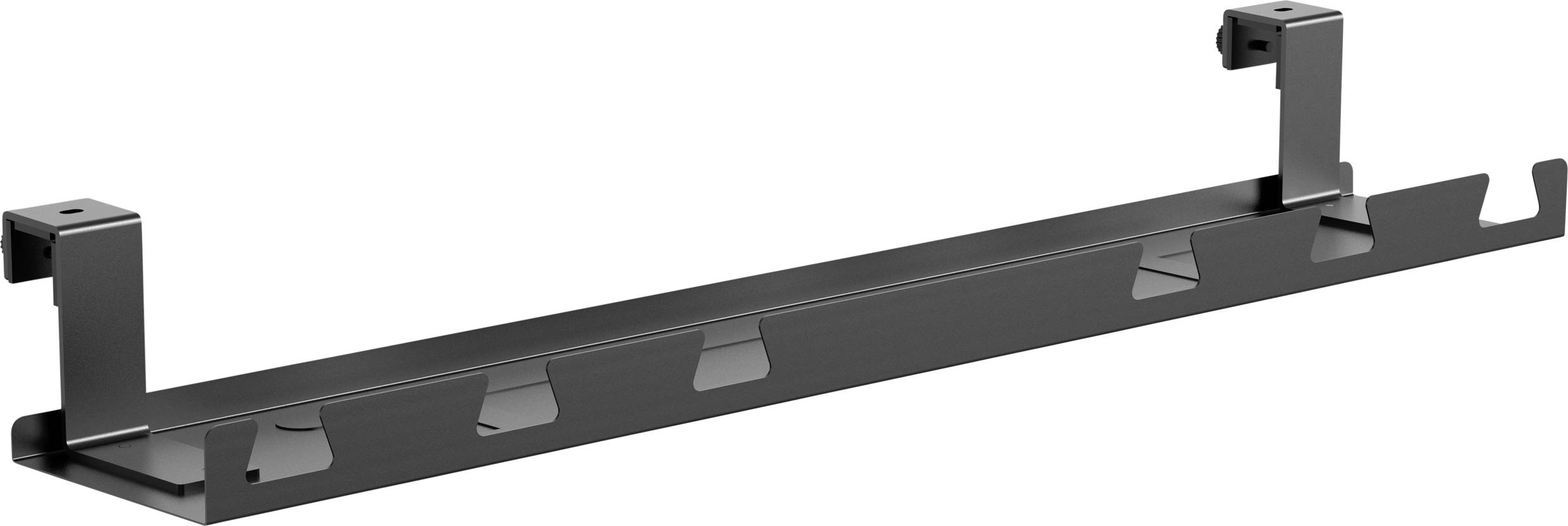 Metal rail with multiple mounting brackets, suitable for tidy cable management on walls or furniture.
