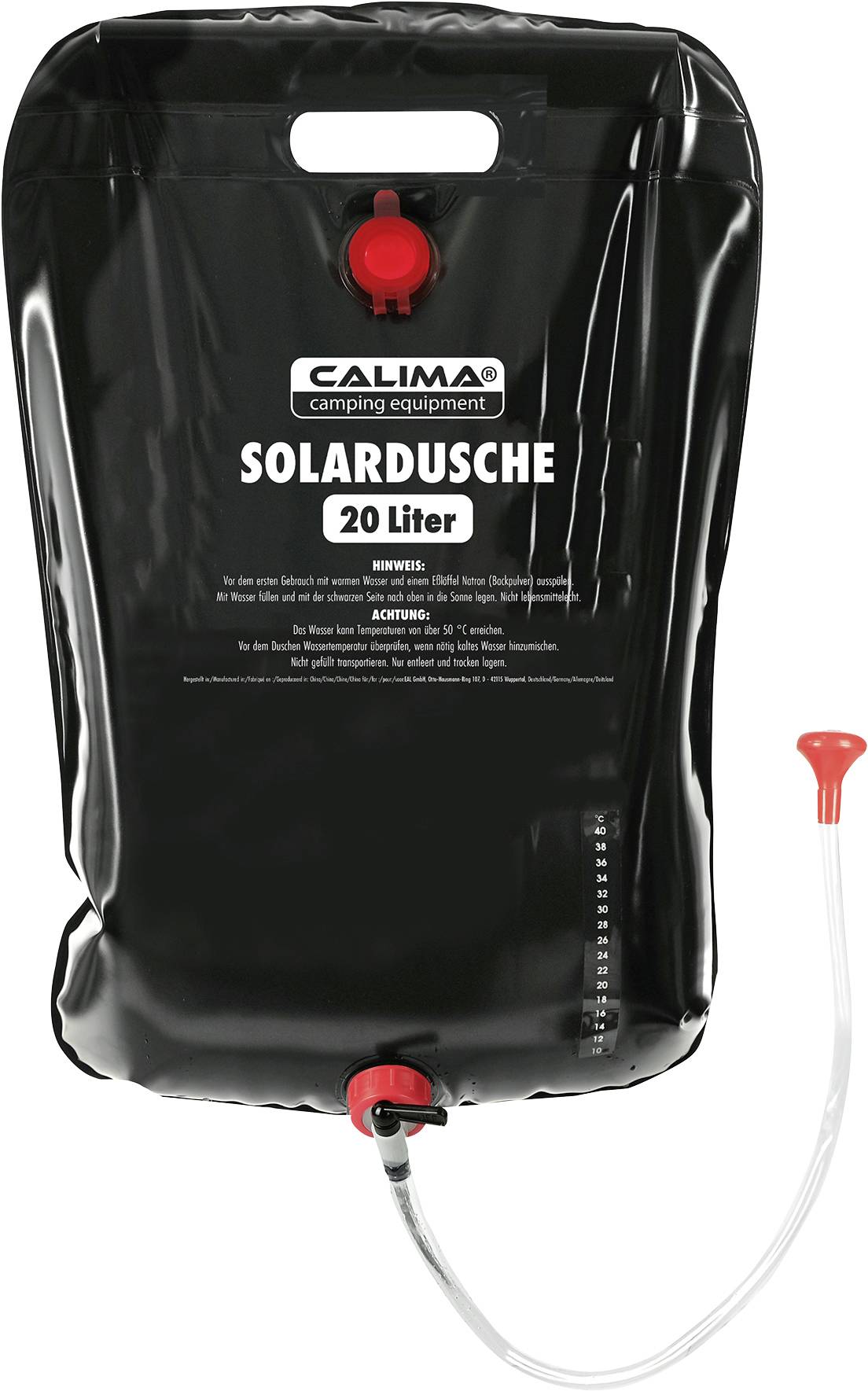 Black solar shower bag with red valve and hose, marked 'Calima Solar Shower 20 Litres', for camping purposes.