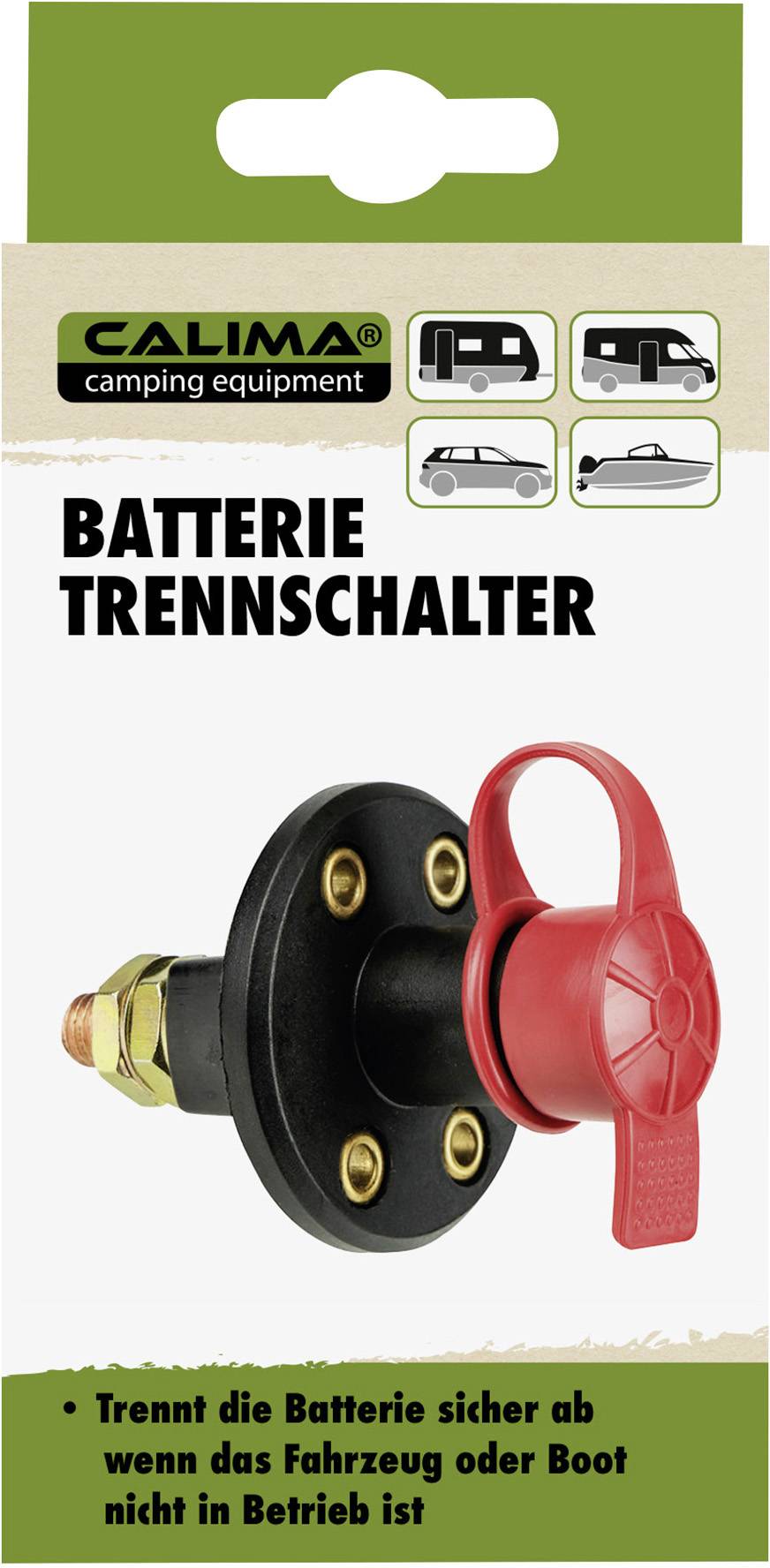 Product packaging for the CALIMA battery isolator switch, suitable for cars and boats. Text: 'Safely disconnects the battery'.
