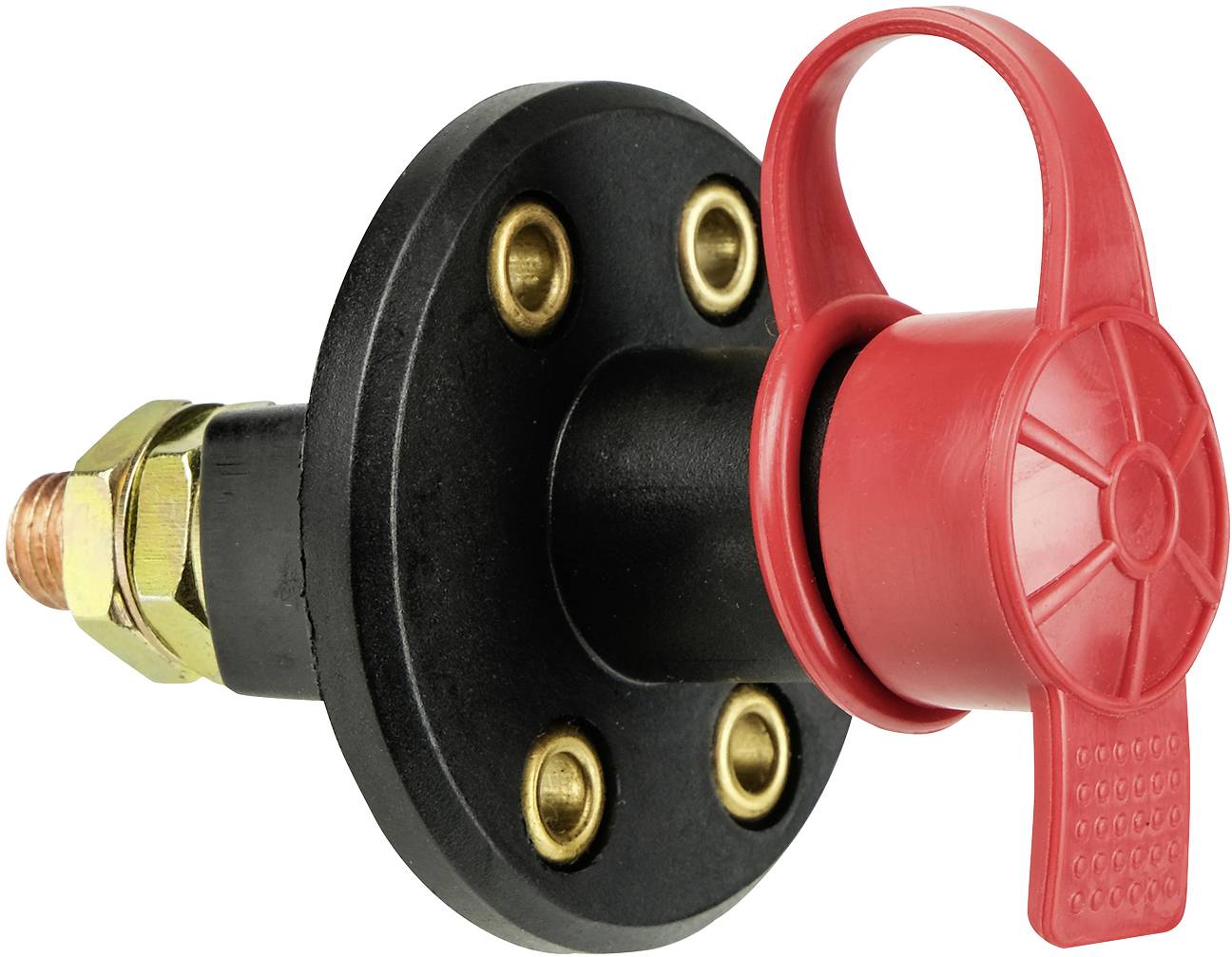 A black plastic switch with a red rotary handle and four golden threaded screws, mountable on a surface.