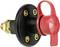 A black plastic switch with a red rotary handle and four golden threaded screws, mountable on a surface.