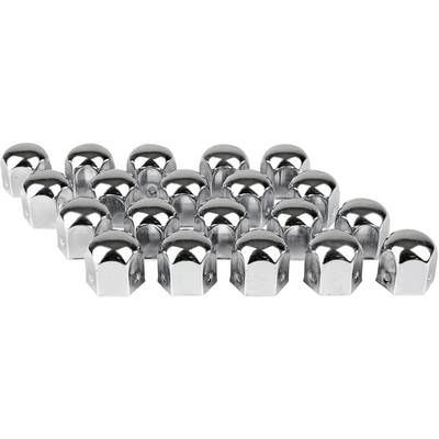 '25 silver, shiny wheel nut protective caps in an arrangement.'