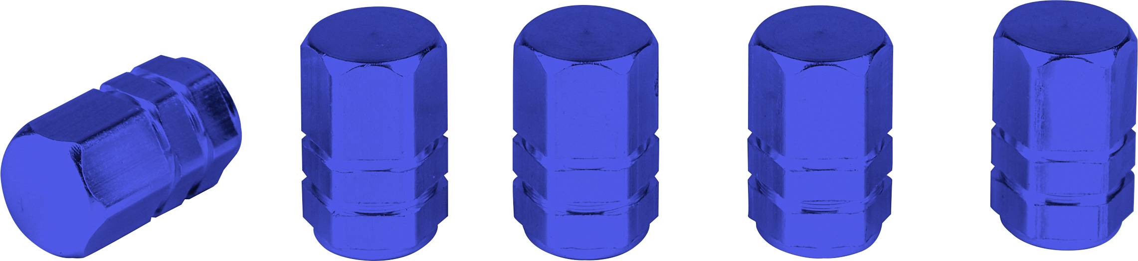 Five blue hexagonal nuts in a row, one lying at an angle.