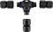'Black T-shaped pipe connection with three removable end pieces, used for mounting cable connections or pipes.'