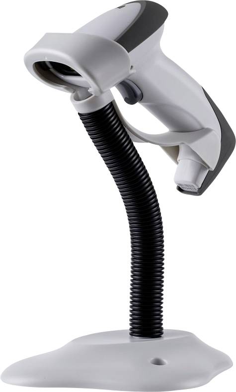 Hand-held scanner on a flexible stand, suitable for scanning barcodes. Features an ergonomic design for easy use.