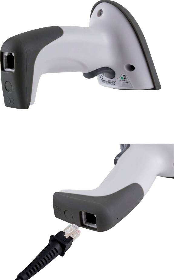 A grey handheld scanner with grey handles, depicted from two angles. Below is an RJ45 cable, ready to be connected to the scanner.