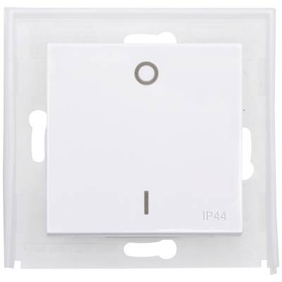 A white light switch with a small, round push button on top and an IP44 marking in the bottom right, suitable for damp environments.