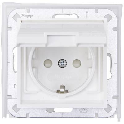 A white earthed socket with a hinged cover, mounted in a wall fitting.