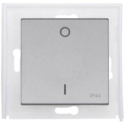 A rectangular light switch with a grey surface and a marking in the centre. Bottom right, 'IP44' is written, indicating the protection rating.