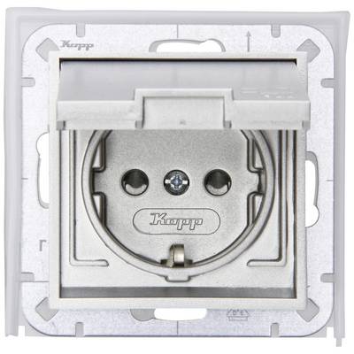 'White socket with hinged cover, brand Kopp. Visible is the round socket slot with two holes and an earthing screw.'