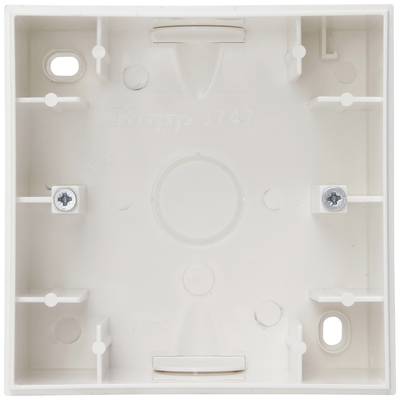White recessed electrical box with multiple mounting points and two screw locations. It features rounded corners and is designed for electrical installations.