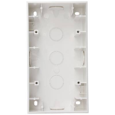 White plastic flush-mounted back box with mounting points and pre-formed cable entry holes.