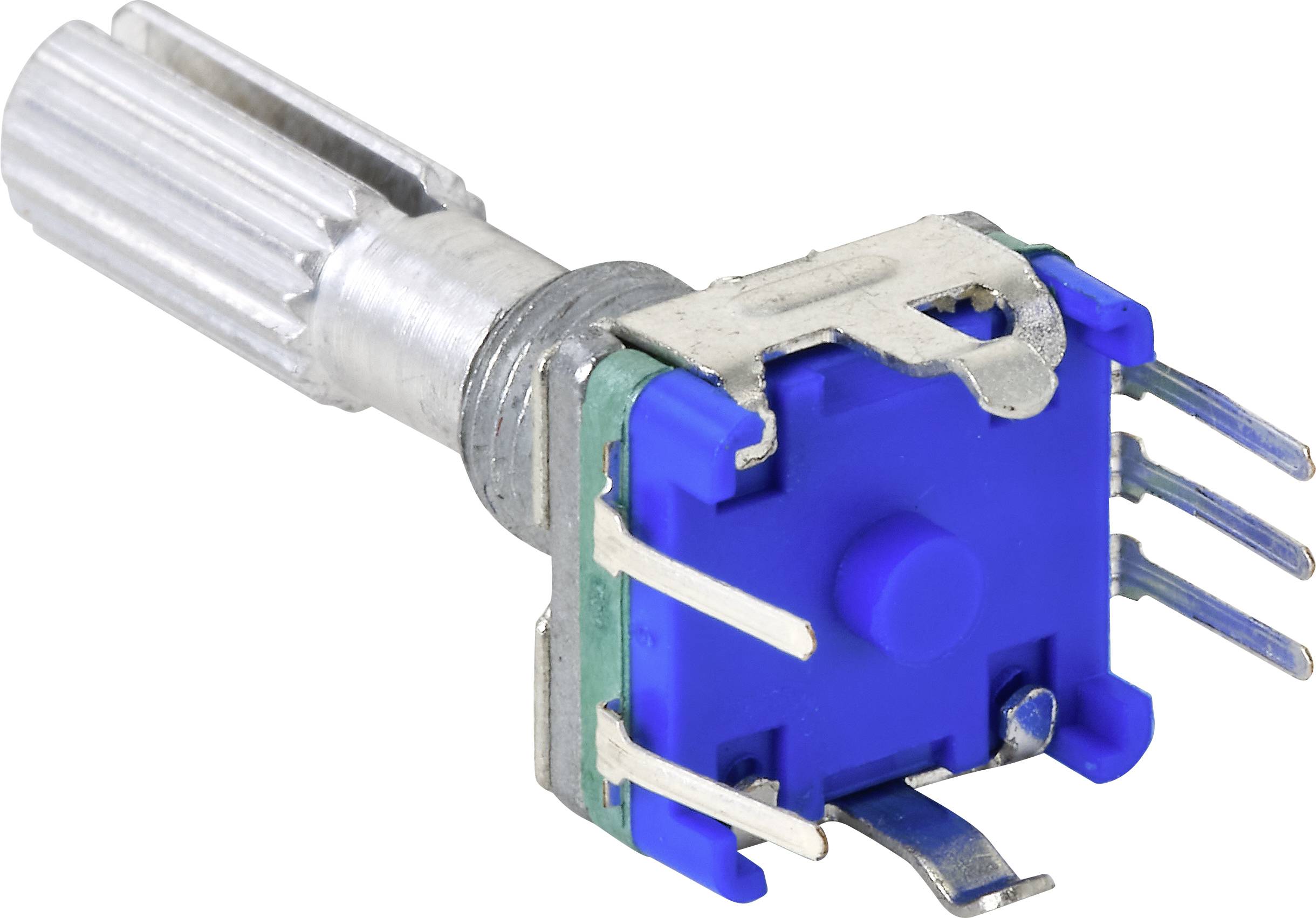 A blue rotary encoder with multiple metal pins in a housing, shown against a white background.