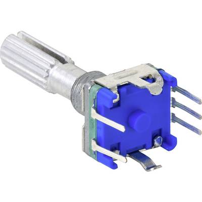 A blue rotary encoder with multiple metal pins in a housing, shown against a white background.