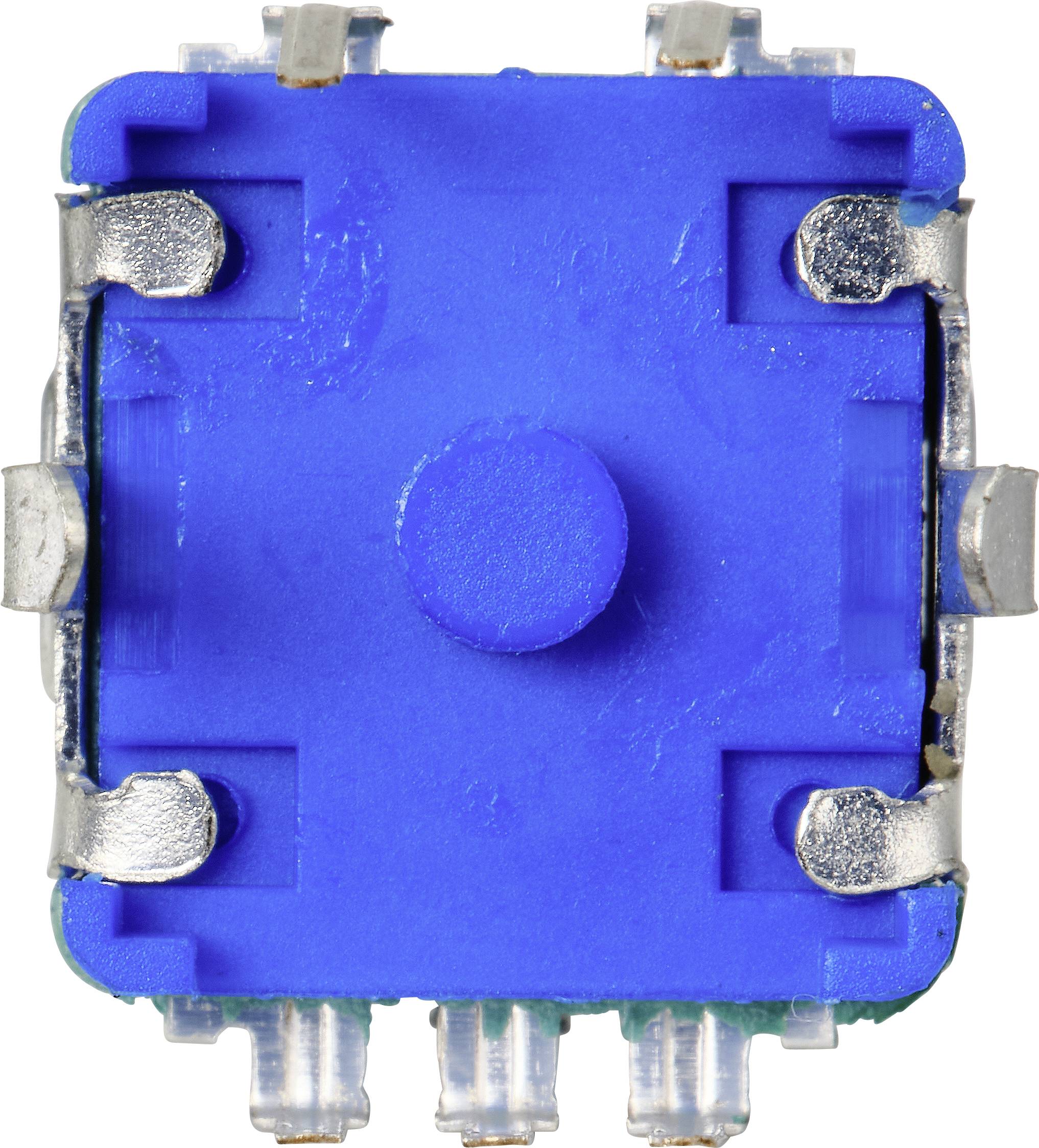 Close-up of a blue mechanical keyboard switch from above, with visible metal contacts and a circular centre.