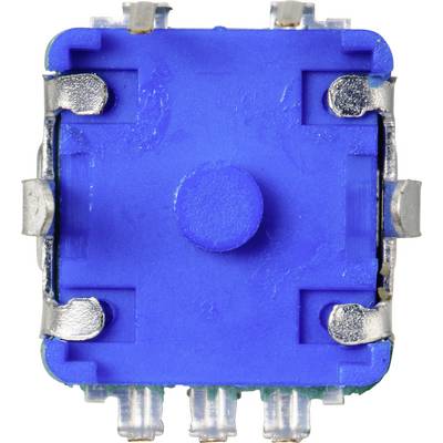 Close-up of a blue mechanical keyboard switch from above, with visible metal contacts and a circular centre.