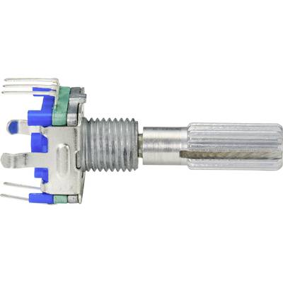 A metal potentiometer with threading and multi-coloured plastic elements, used for electronic control of resistance and voltage.