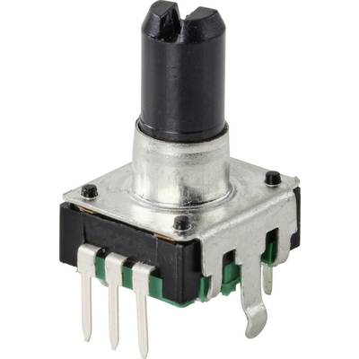 A silver and black rotary encoder with multiple metal pins underneath for mounting on a printed circuit board.
