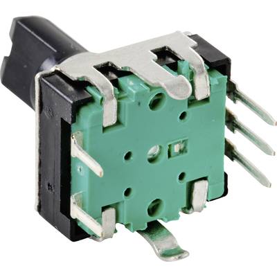 'An electrical switch with a green base and multiple metal pins for mounting and connection.'