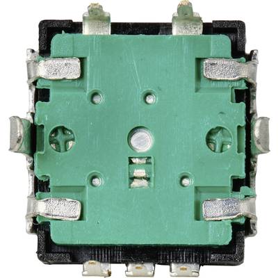 Green button with metal contacts and a black housing, viewed from above.