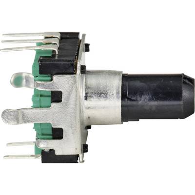 Close-up of an electrical switch with a green casing and black switching button; shows the metal pins for connection.