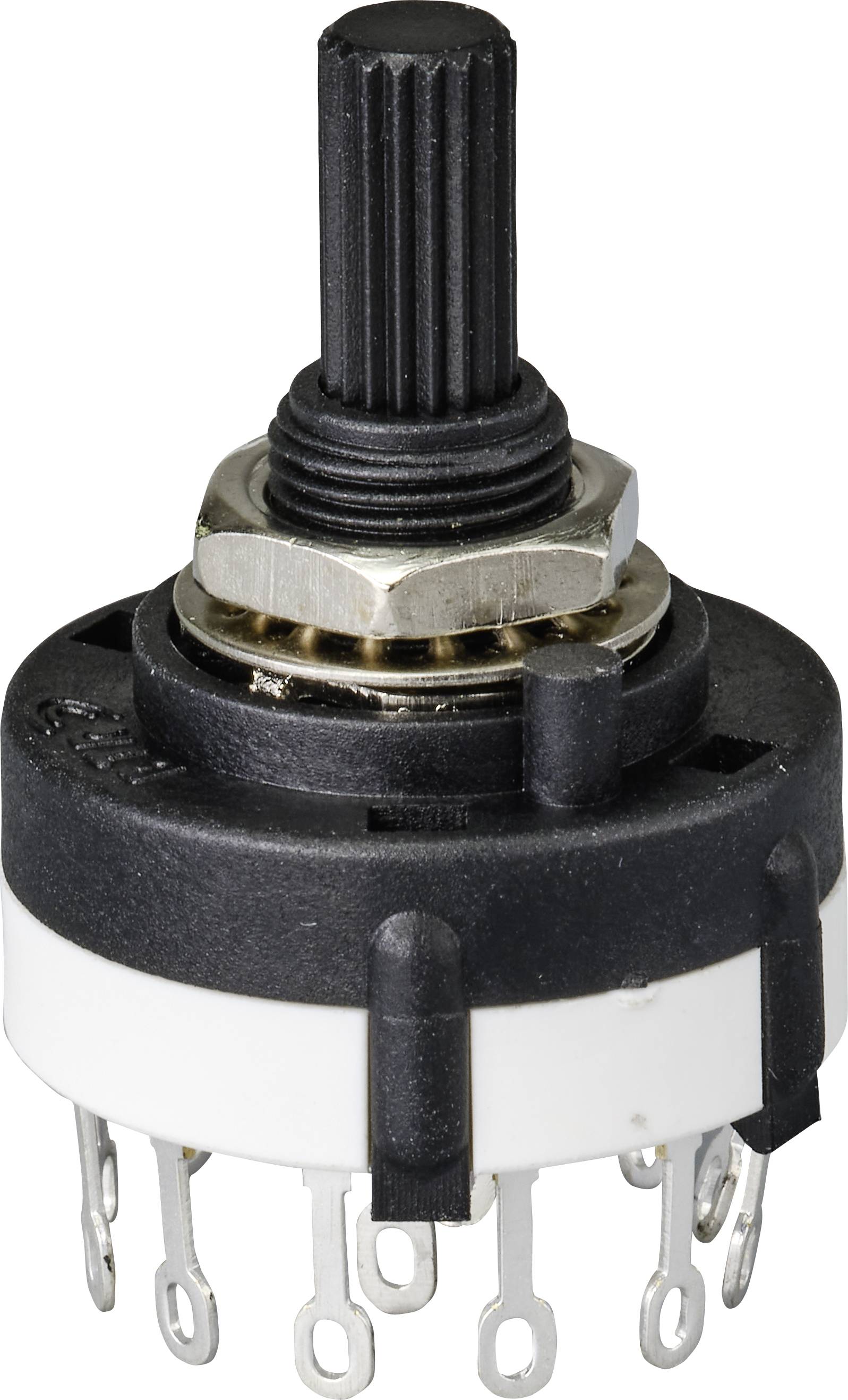 A multi-pole rotary switch with a black rotary knob and multiple connection pins, used for controlling electrical circuits.