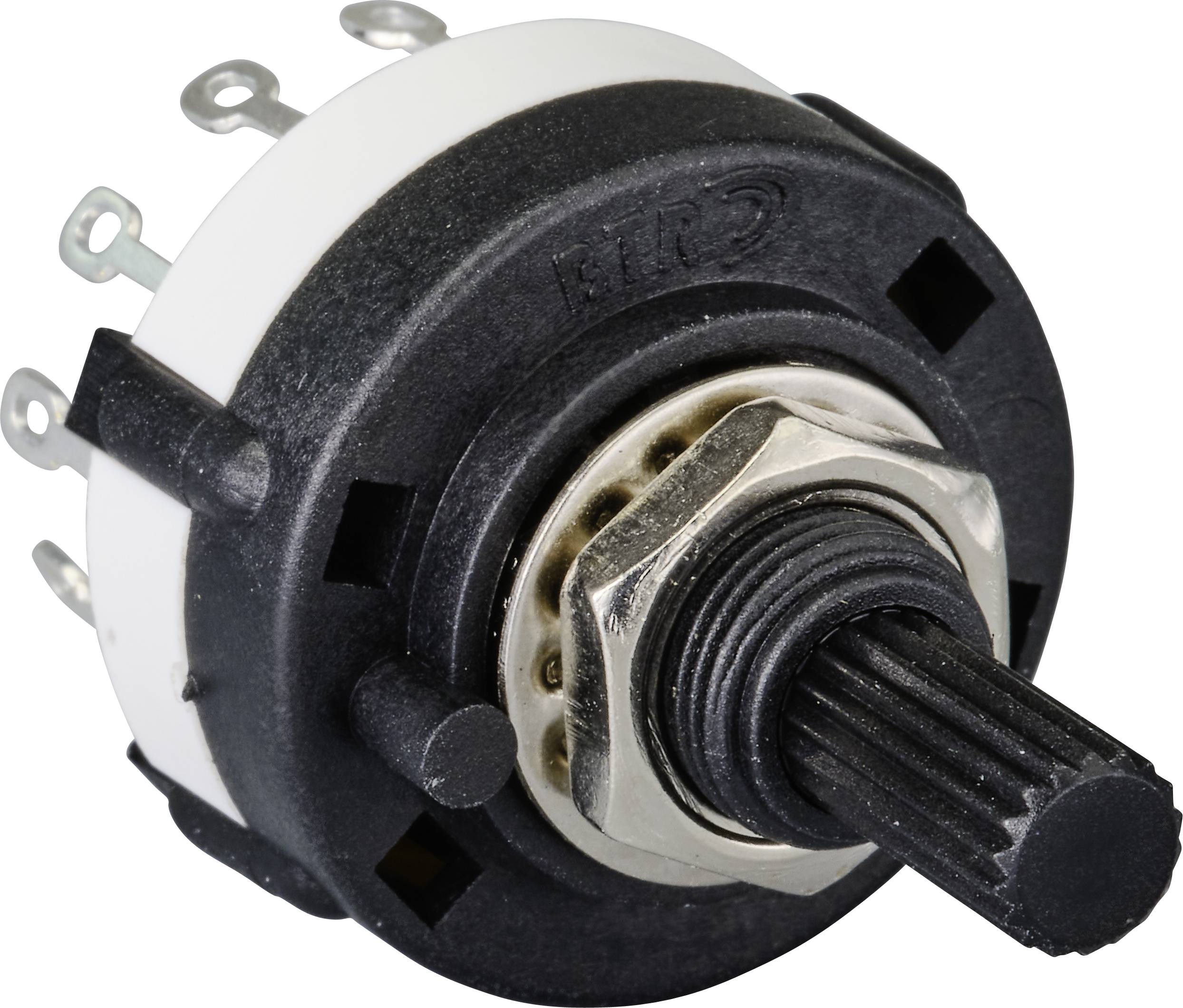 Black and white rotary switch with multiple metal contacts and a knurled handle, used for controlling electrical devices.
