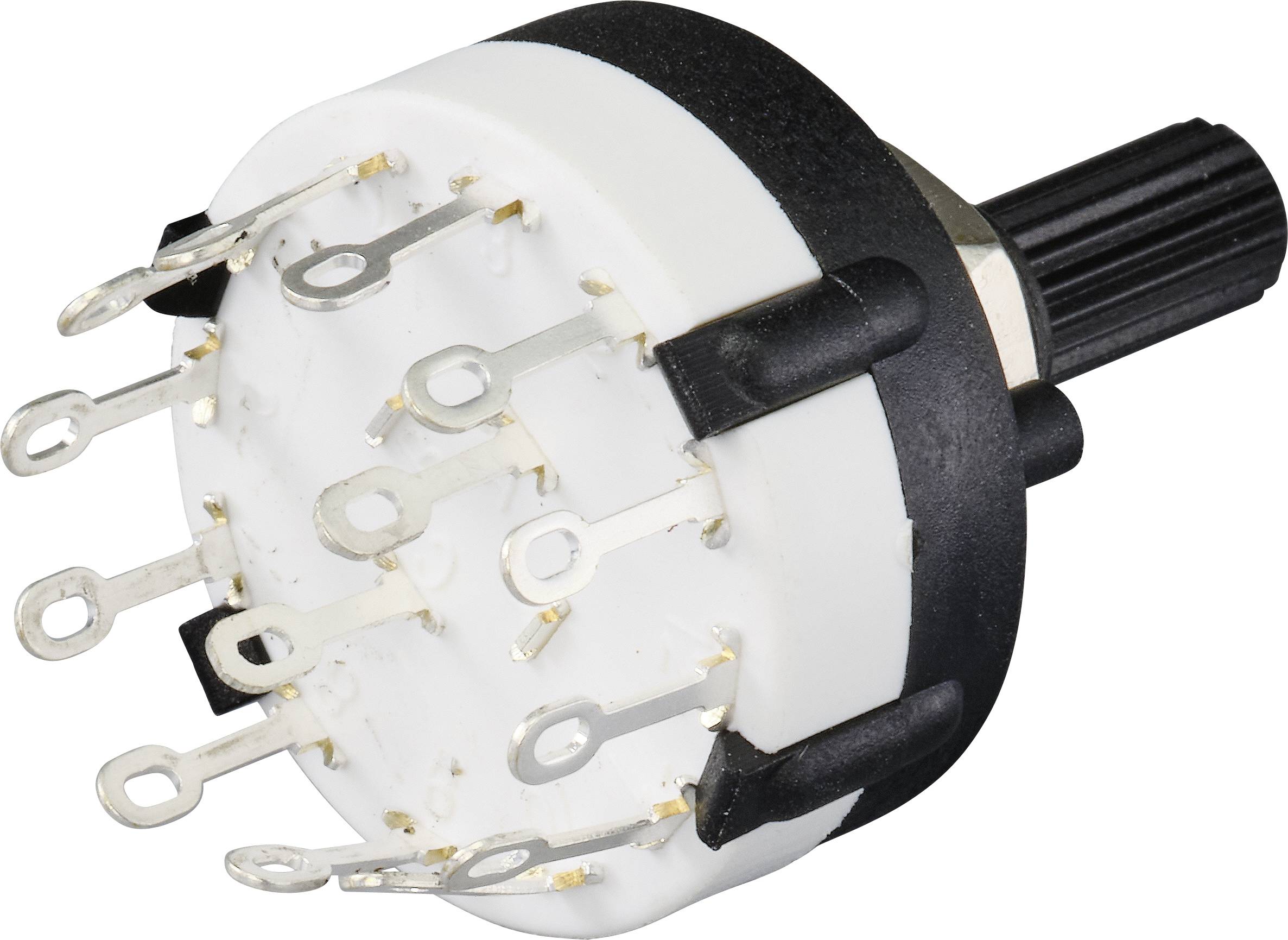 A round, multi-pole rotary switch with multiple terminals and a black rotary knob on one side.