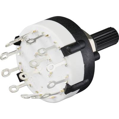 A round, multi-pole rotary switch with multiple terminals and a black rotary knob on one side.