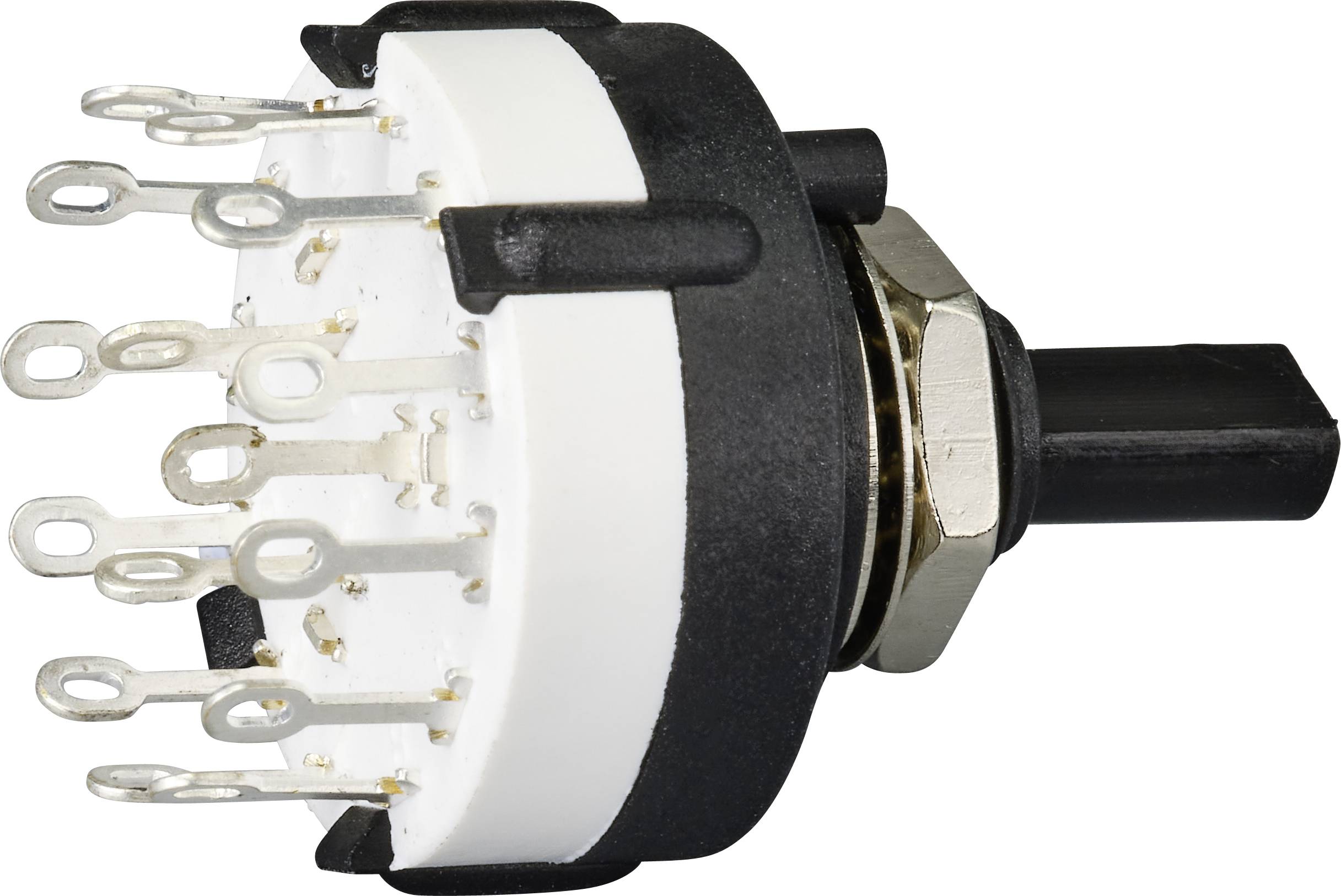 A round, multi-pole, black rotary switch with multiple connection contacts on the rear.