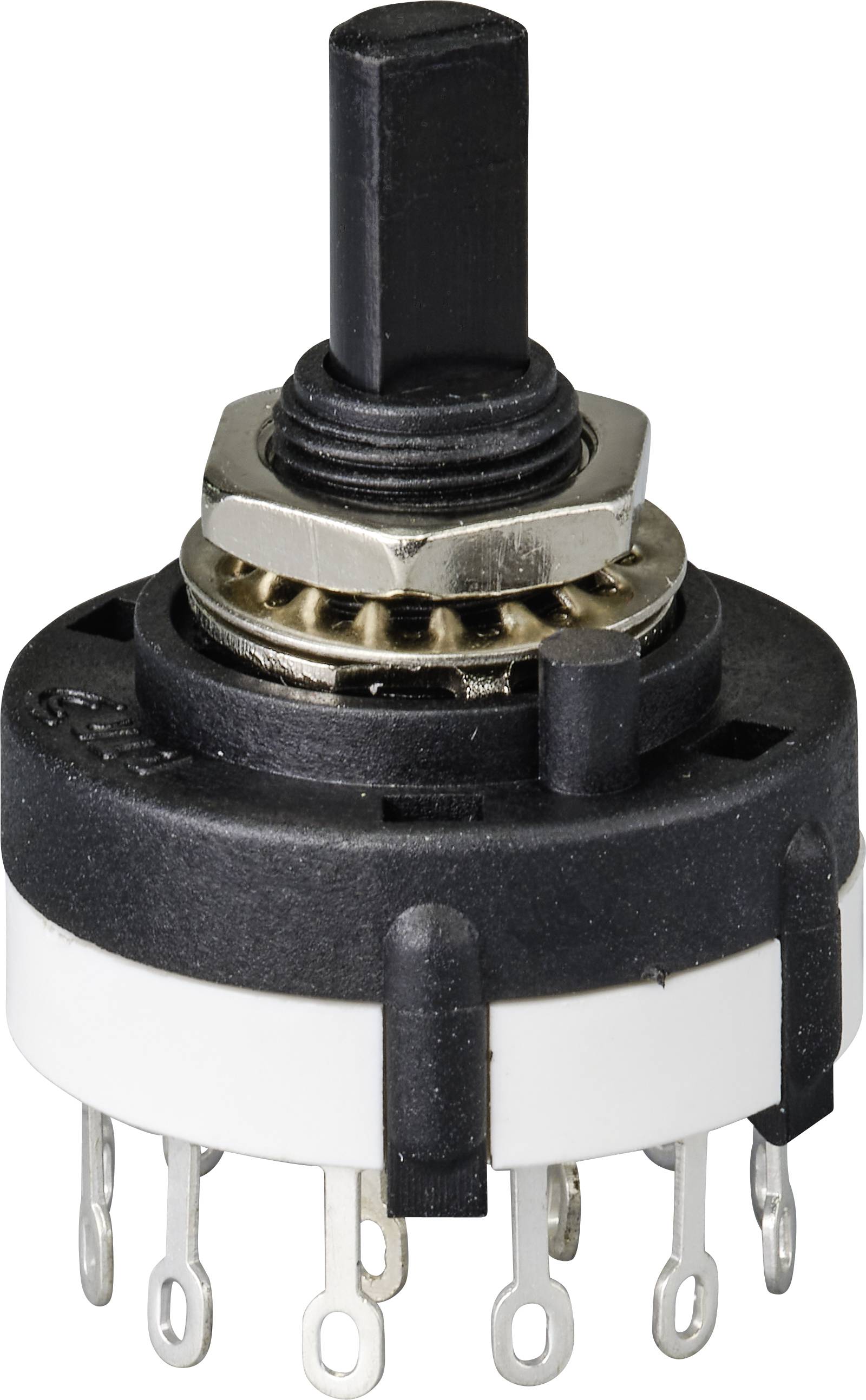 A round, black rotary knob with multiple metal connections on its underside, suitable for electronic devices.