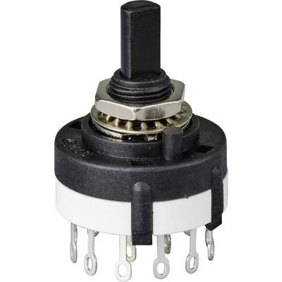 A round, black rotary knob with multiple metal connections on its underside, suitable for electronic devices.