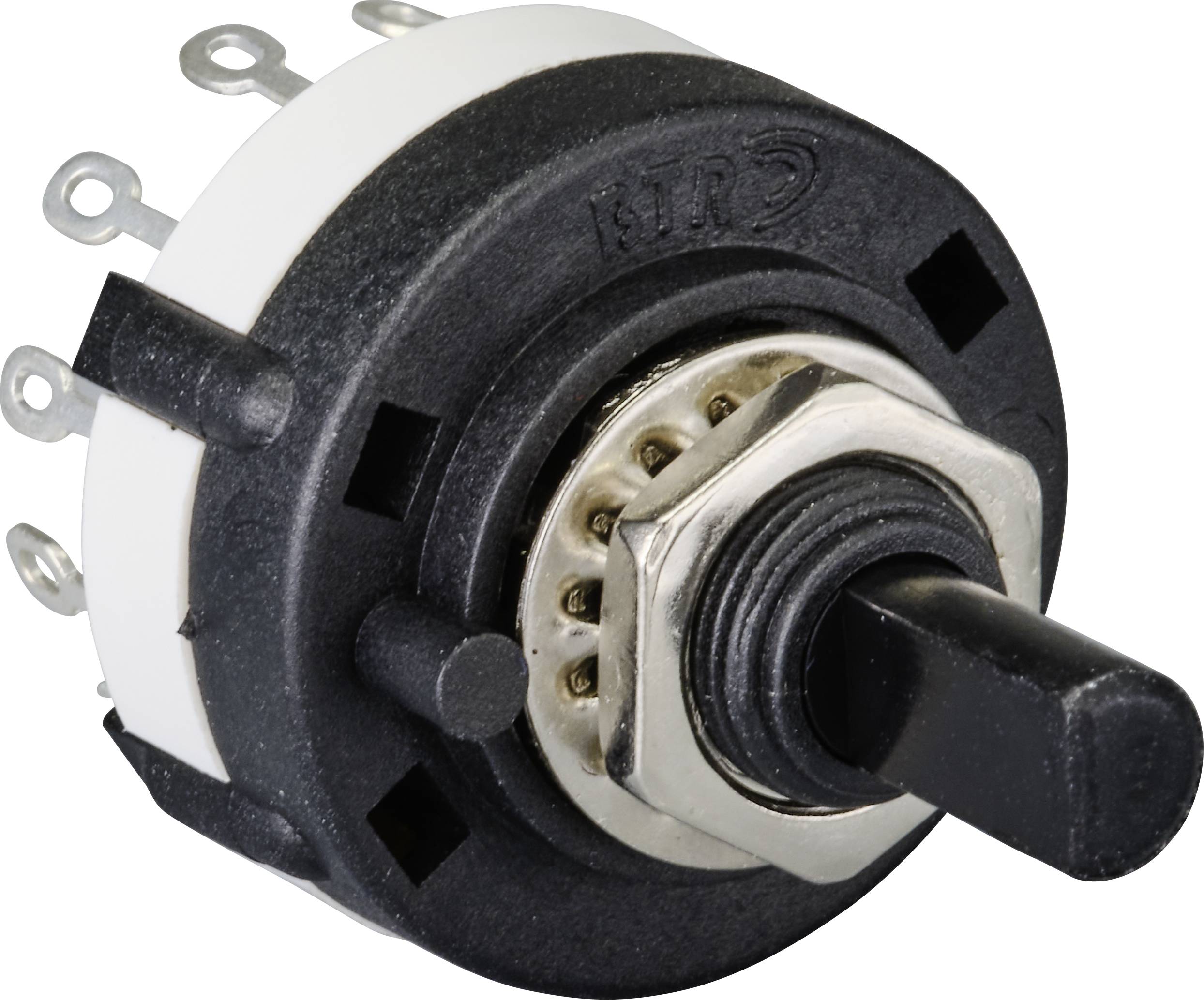 A round, multi-pole rotary switch with a black plastic knob and multiple metal terminals, suitable for electronic assembly.