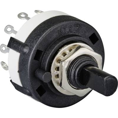 A round, multi-pole rotary switch with a black plastic knob and multiple metal terminals, suitable for electronic assembly.